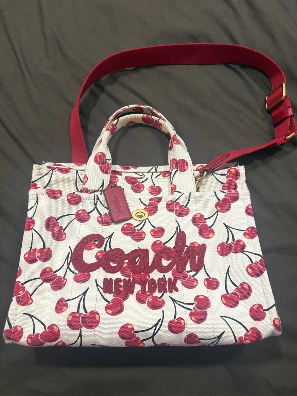 Coach Cherry-Print Canvas Tote in White and Red